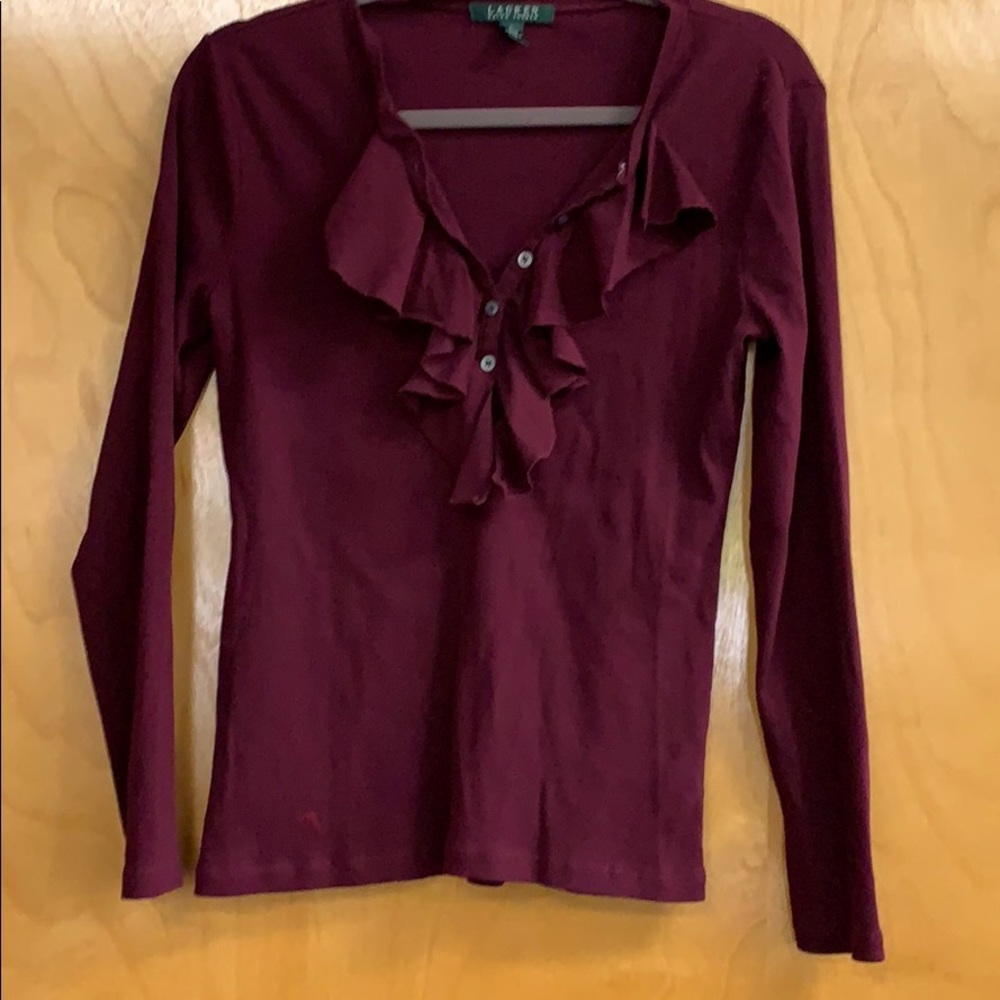 Ralph Lauren ruffled teeshirt. Burgundy L